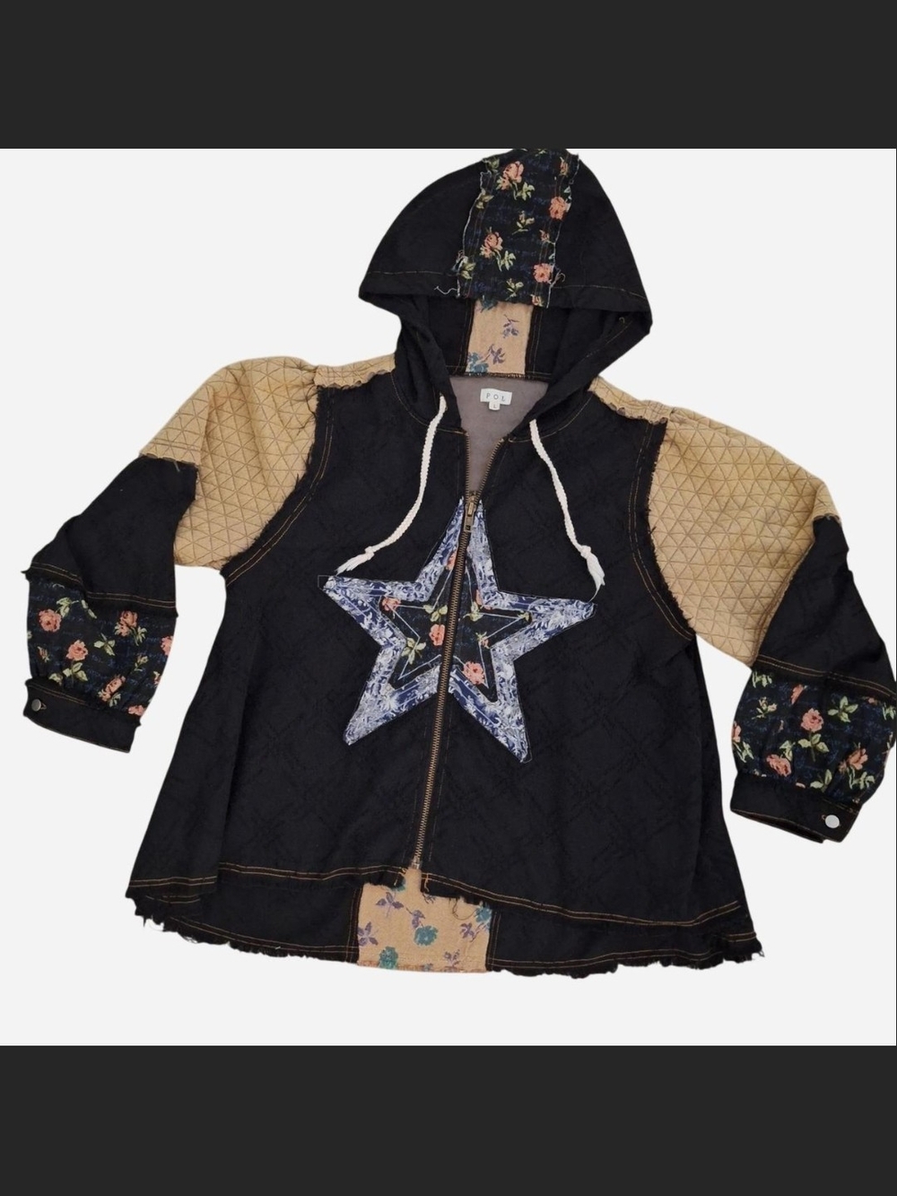 POL Clothing Mixed Media Patchwork Star Floral Zip-Up Hoodie Boho